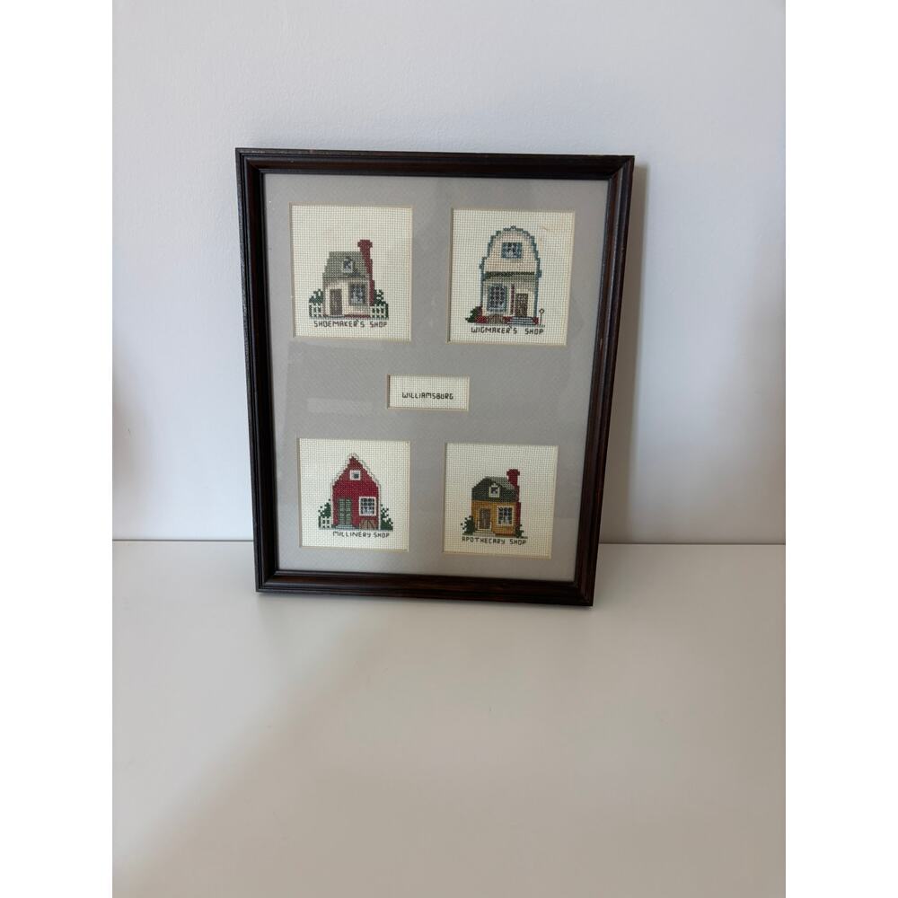 Vintage Cross Stitch Williamsburg Framed Wigmaker Shoemaker Apothecary Millinery